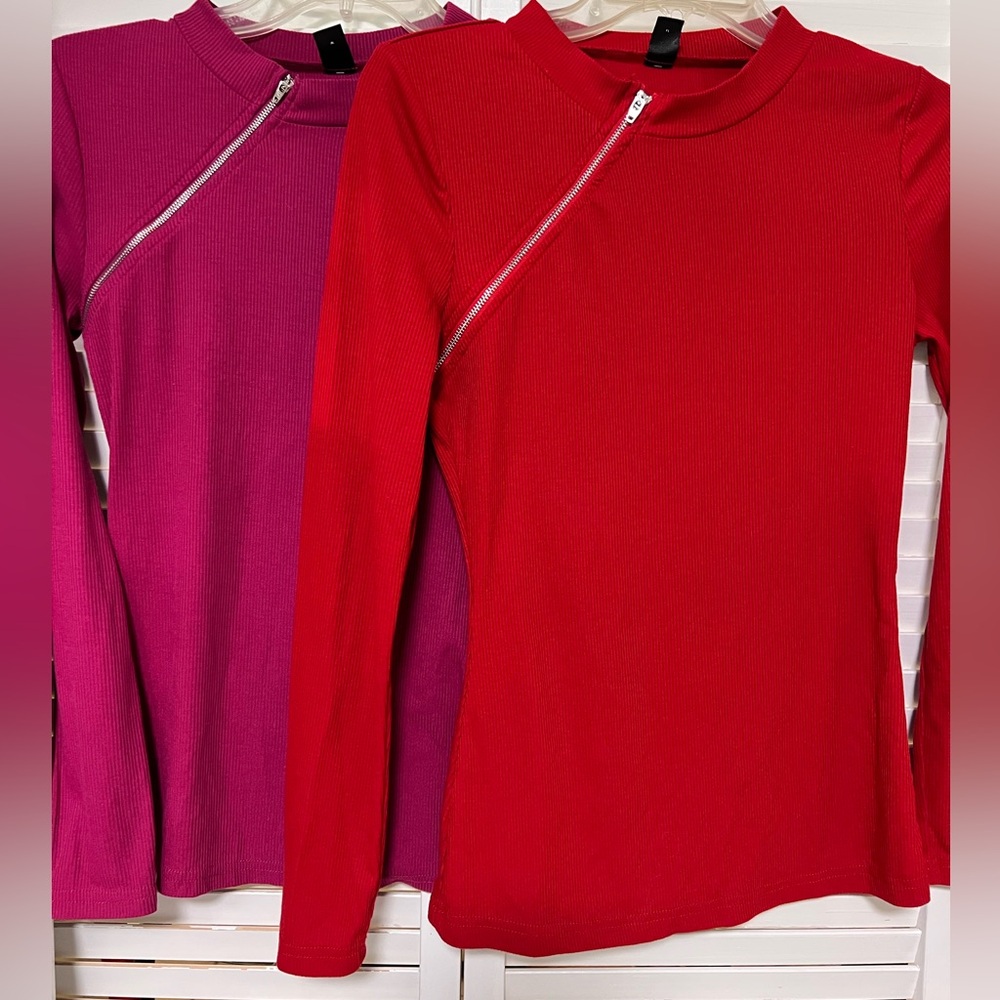 Bundle - Ribbed Long Sleeve Top with Diagonal Metal Zip - Red or Fuchsia